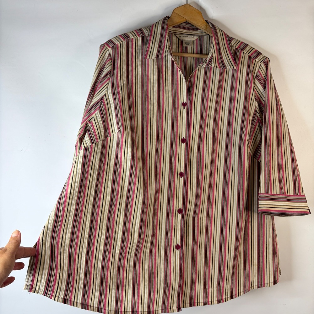 Allison Daley Button Down Shirt Women 22W Pink Striped 3/4 Sleeve Shoulder Pads - Picture 4 of 9